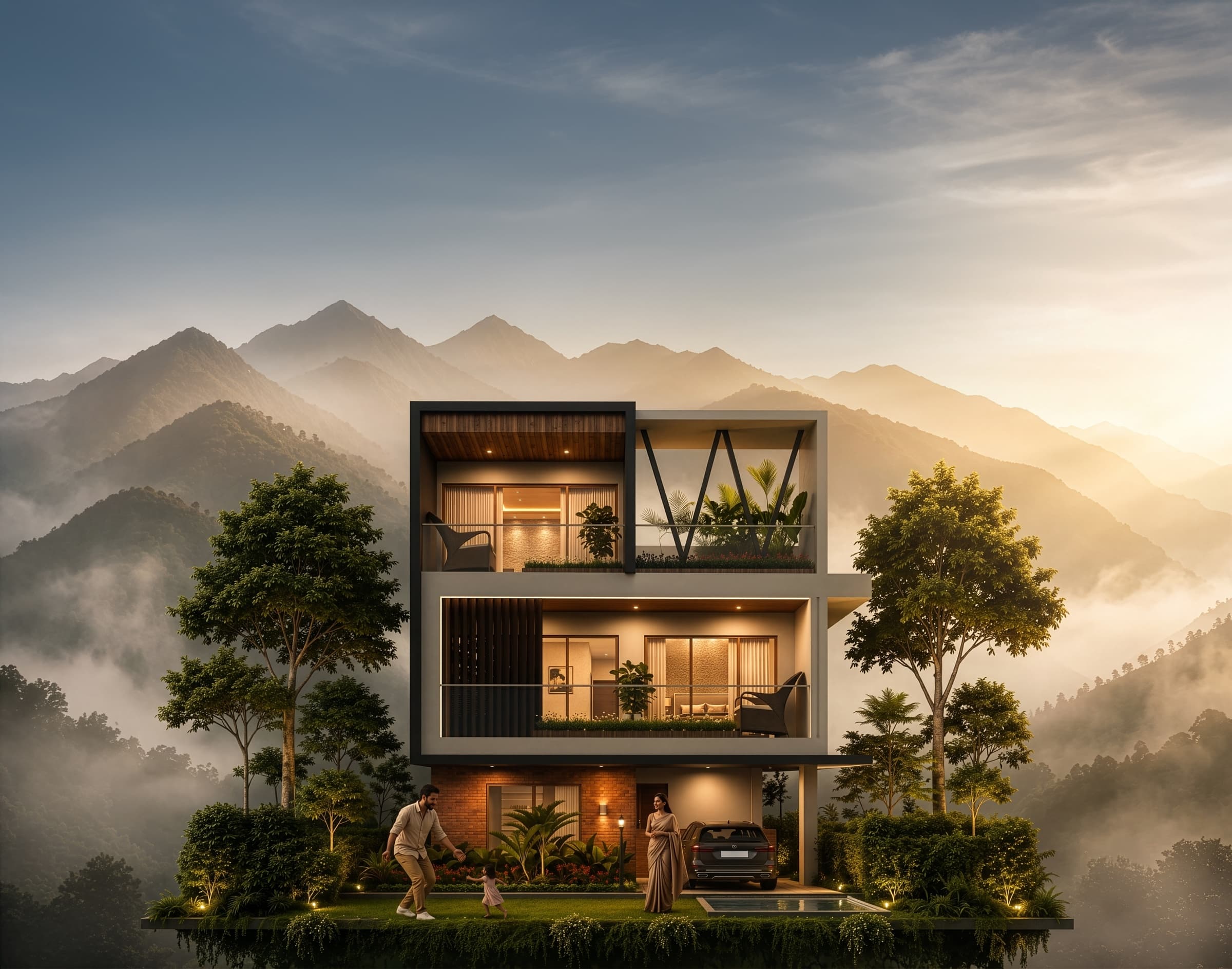 Luxury villa nestled among misty mountains near Nandi Hills at sunrise