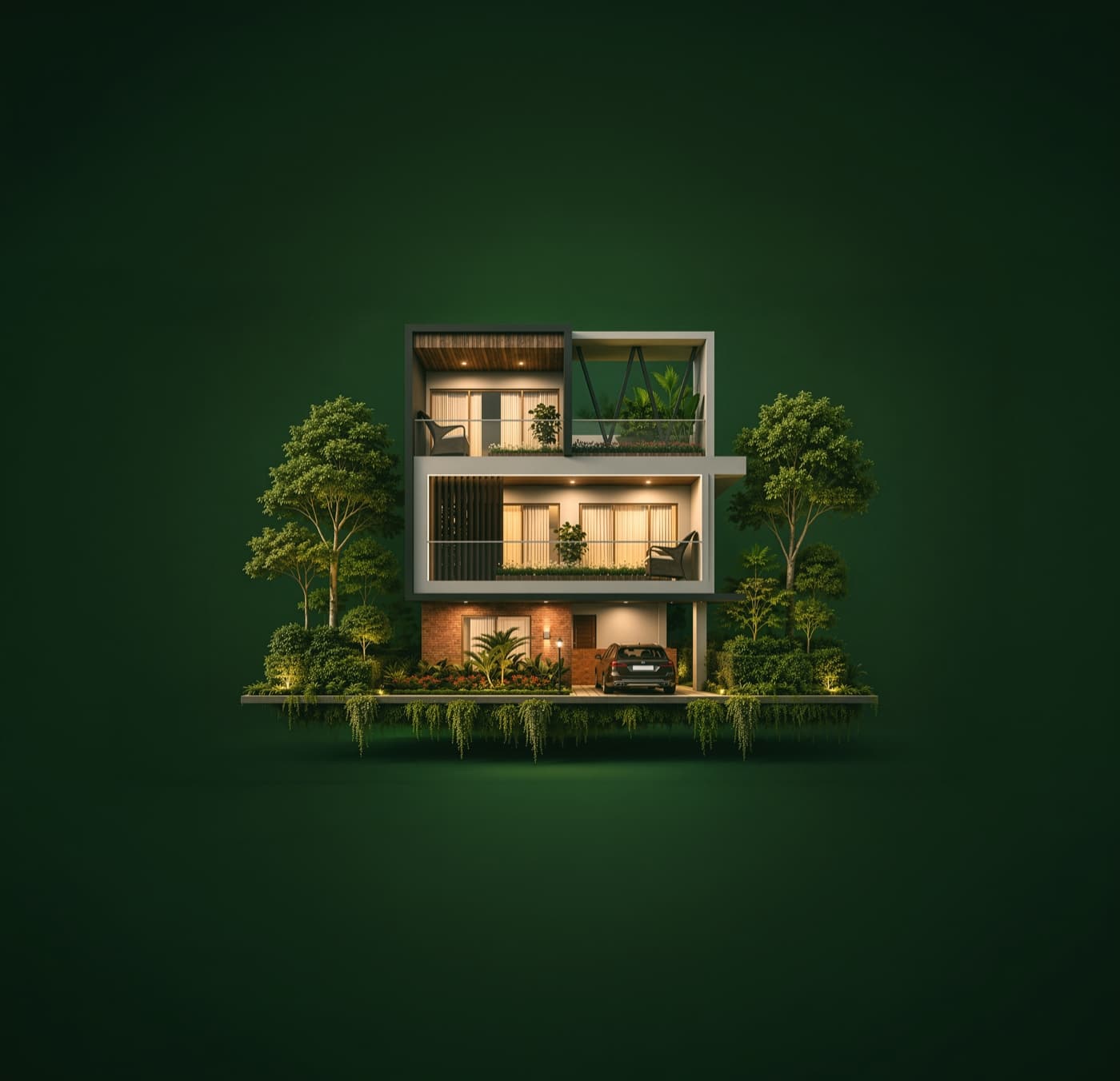 Isolated villa render surrounded by lush landscaping